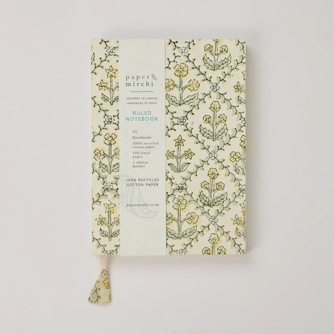 Block Printed Ruled Notebook (A5) - Floral Lattice Buttercream