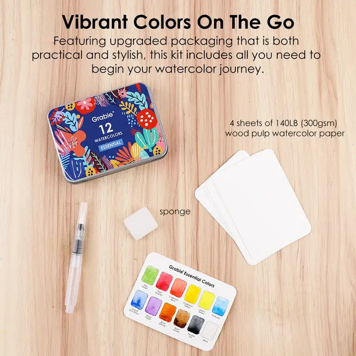 Watercolor Pocket Set of 12 Colors with Brush - Essential Colors