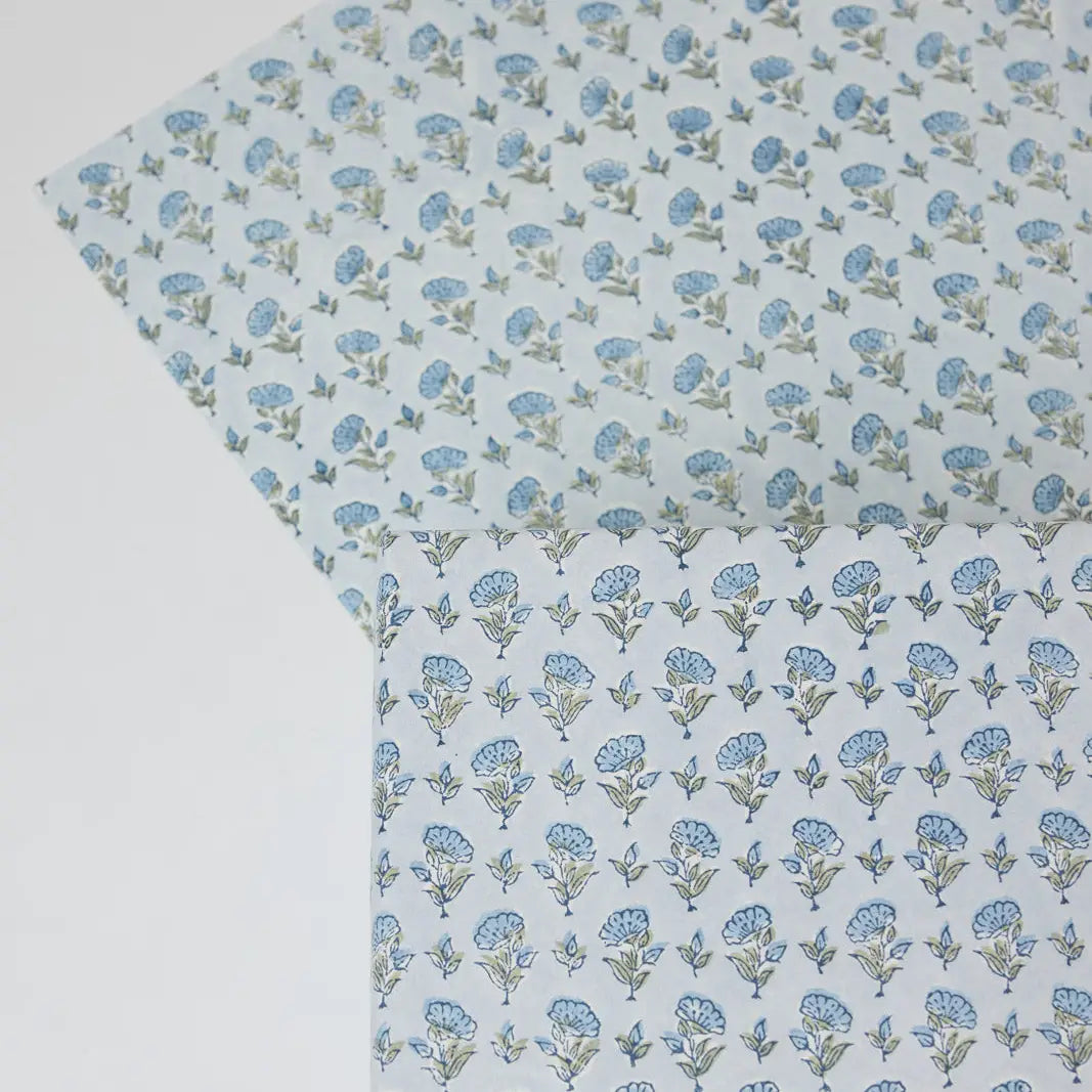 Hand Block Printed Gift Wrap Sheets - Ditsy Floral Blue Stone (Roll of 3)