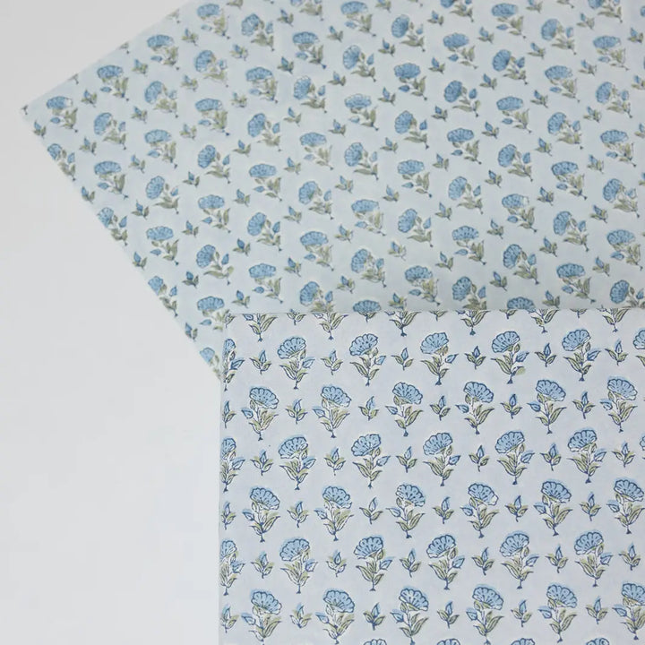 Hand Block Printed Gift Wrap Sheets - Ditsy Floral Blue Stone (Roll of 3)