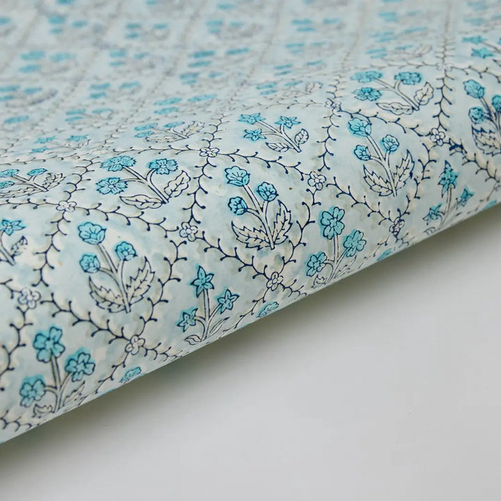 Hand Block Printed Gift Wrap Sheets - Floral Lattice Blue Opal (Roll of 3)