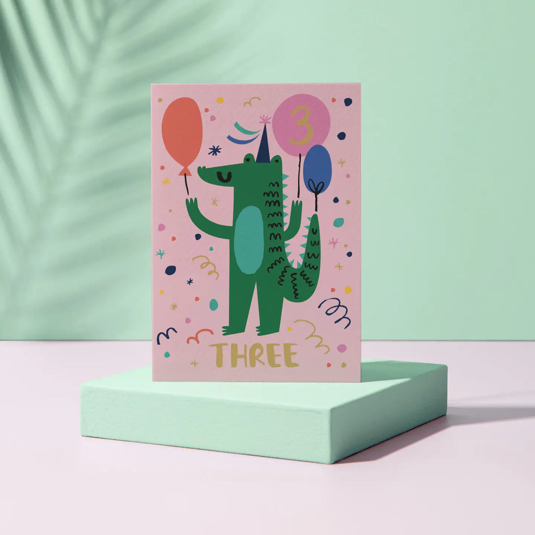 Crocodile-Themed Three-Year-Old Birthday Card