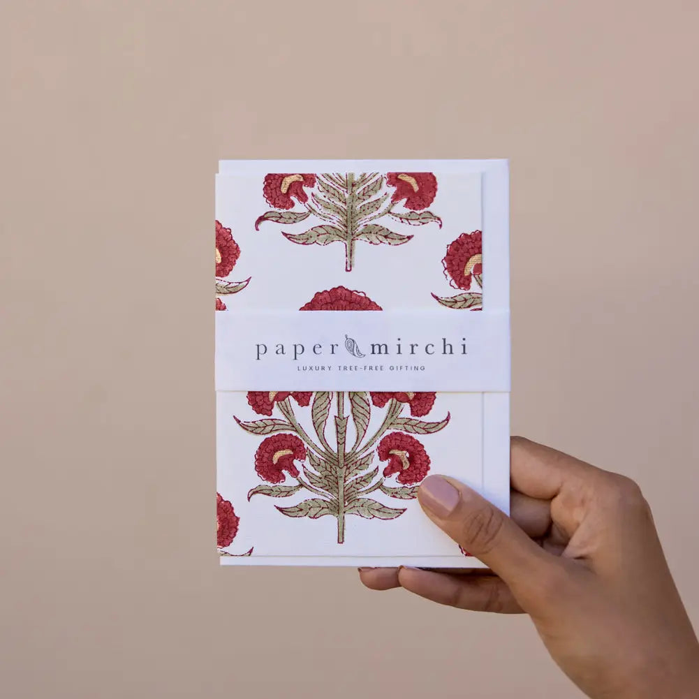 Hand Block Printed Greeting Card - Aurora Winter Red