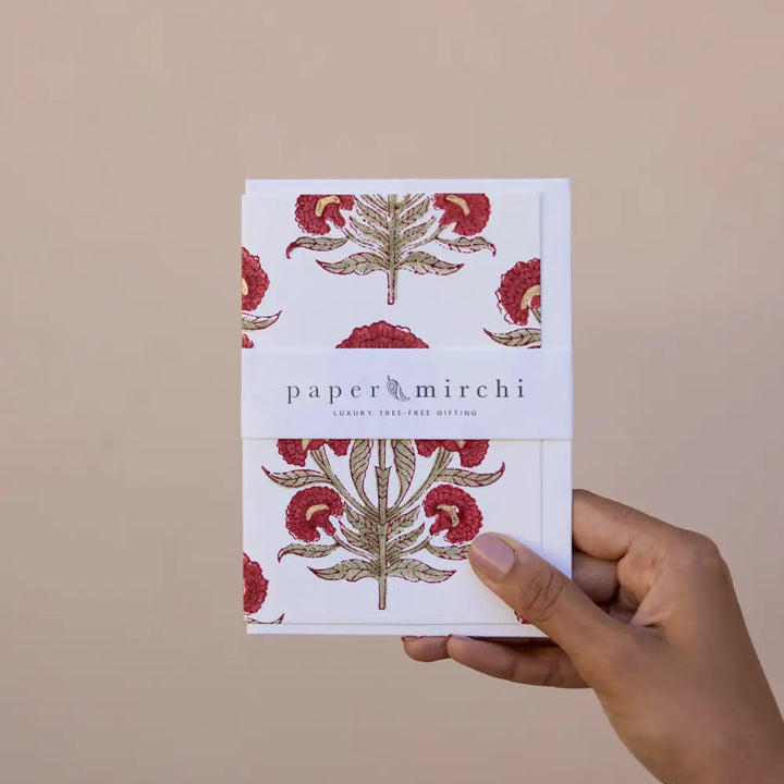 Hand Block Printed Greeting Card - Aurora Winter Red