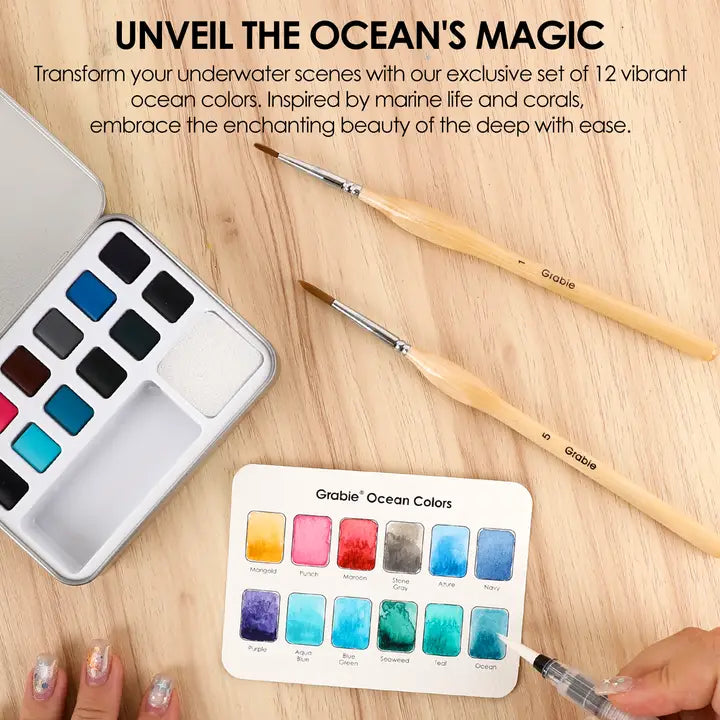 Watercolor Pocket Set of 12 Colors with Brush - Ocean Colors