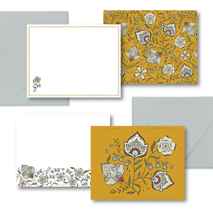 Ochre Yellow Floral Luxury Stationery Set – 8 Flat Notecards