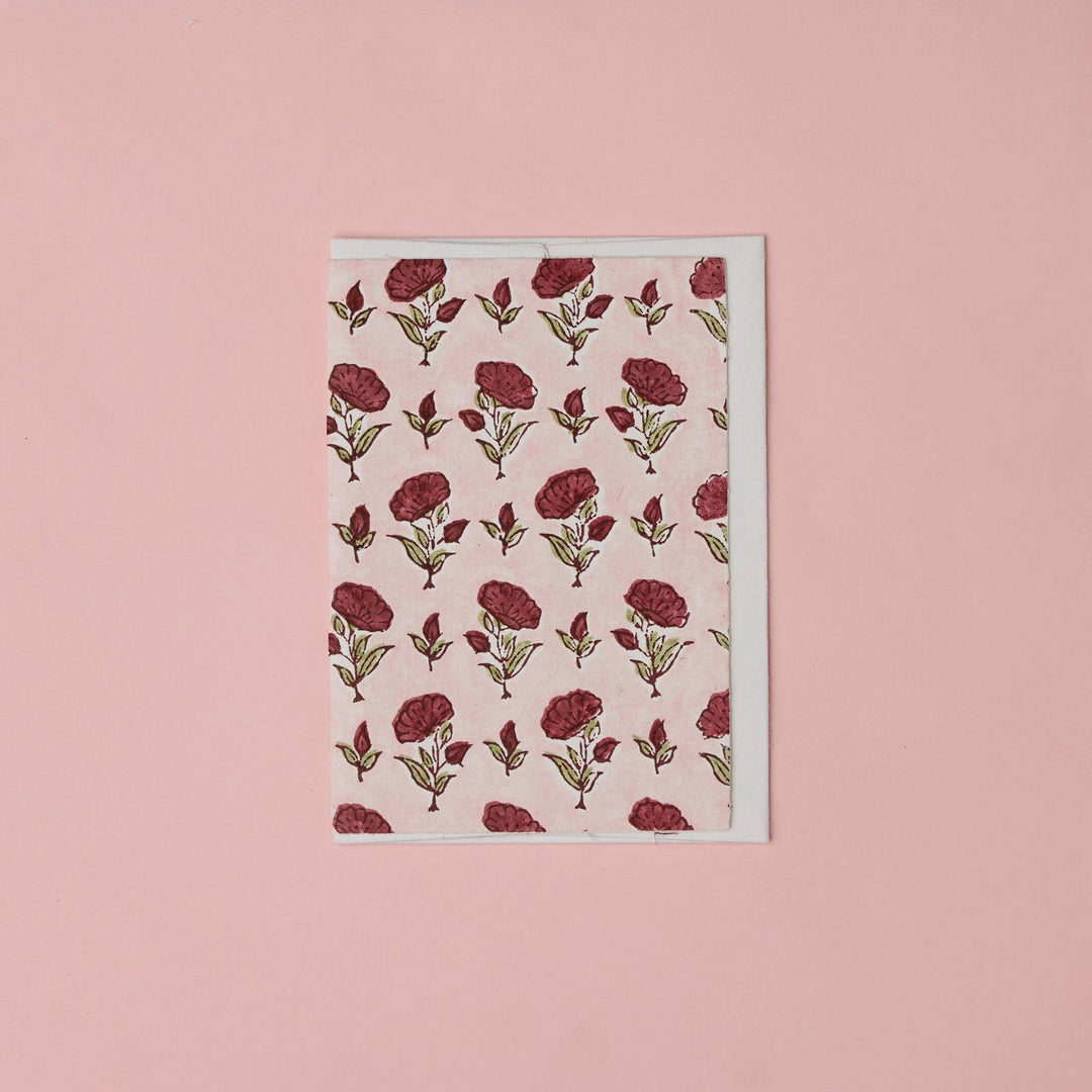 Hand Block Printed Greeting Card - Ditsy Floral Scarlet