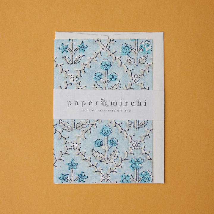 Hand Block Printed Greeting Card - Floral Lattice Blue Opal