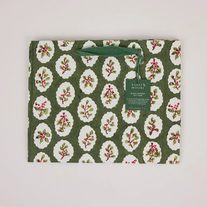 Hand Block Printed Gift Bags - Scallop Tiles Holly Green