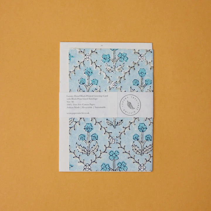 Hand Block Printed Greeting Card - Floral Lattice Blue Opal