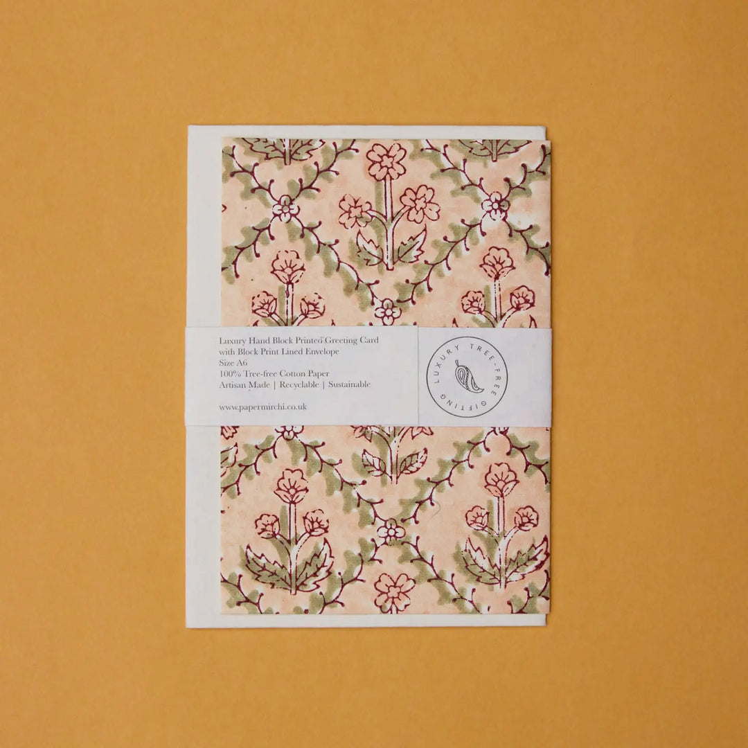 Hand Block Printed Greeting Card - Floral Lattice Terracotta