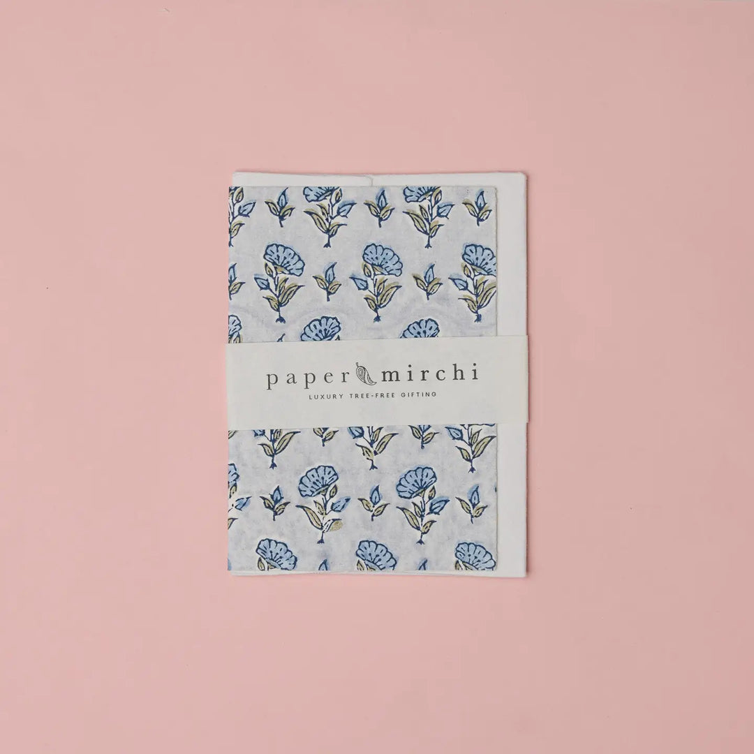 Hand Block Printed Greeting Card - Ditsy Floral Blue Stone