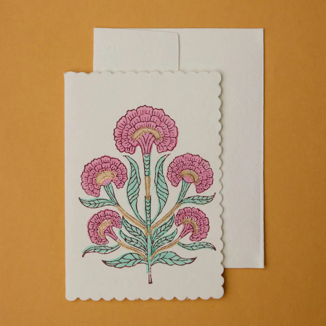 Hand Block Printed Greeting Card - Poppy Mint Rose