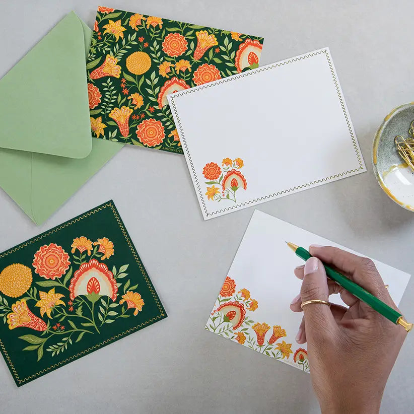 Green Botanical Luxury Stationery Set – 8 Flat Notecards