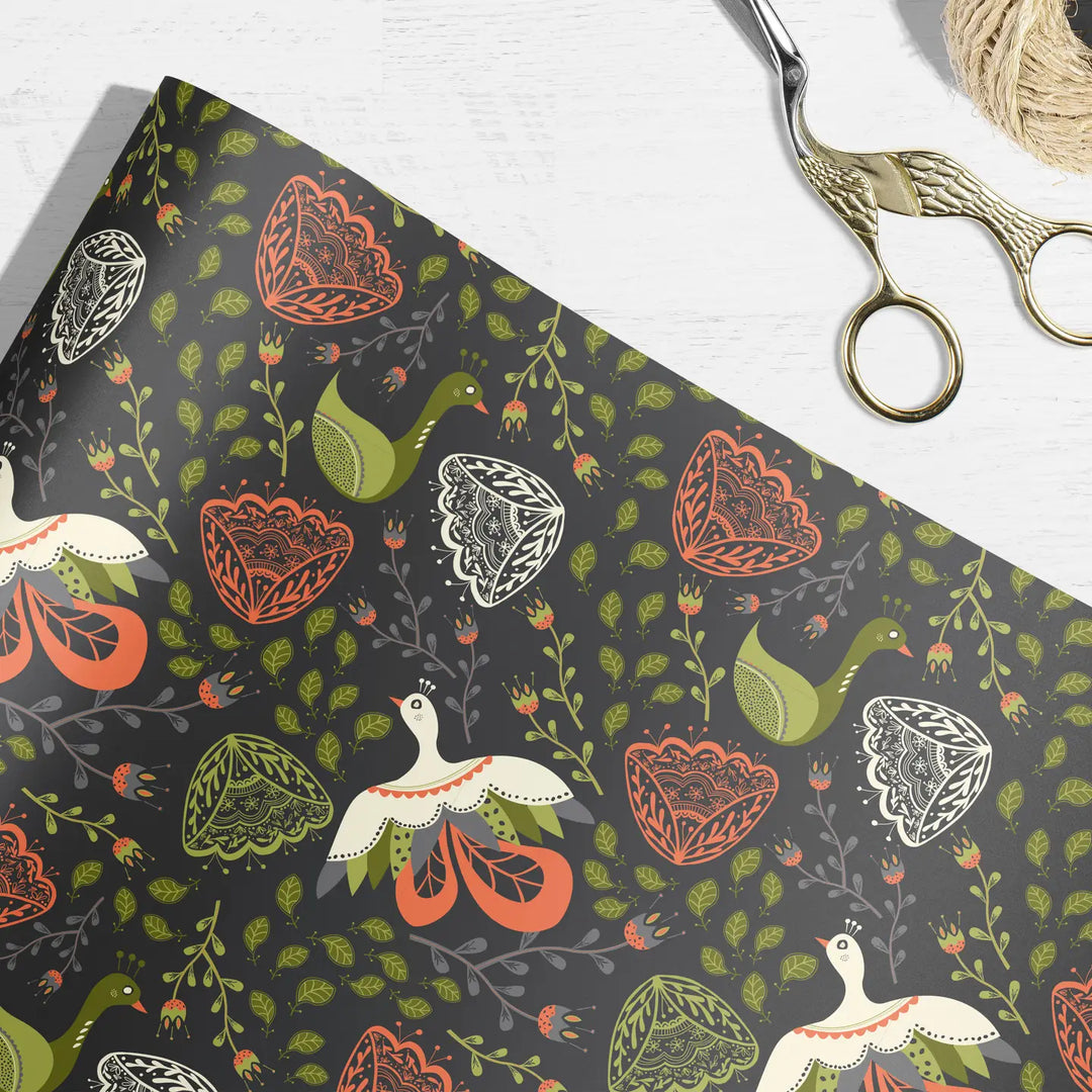 Blooming Folk Birds Wrapping Paper (Set of 3 Sheets)