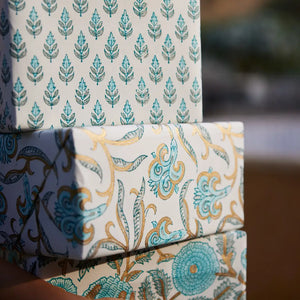 Hand Block Printed Gift Wrap Sheets - Marigold Glitz Turquoise (Roll)