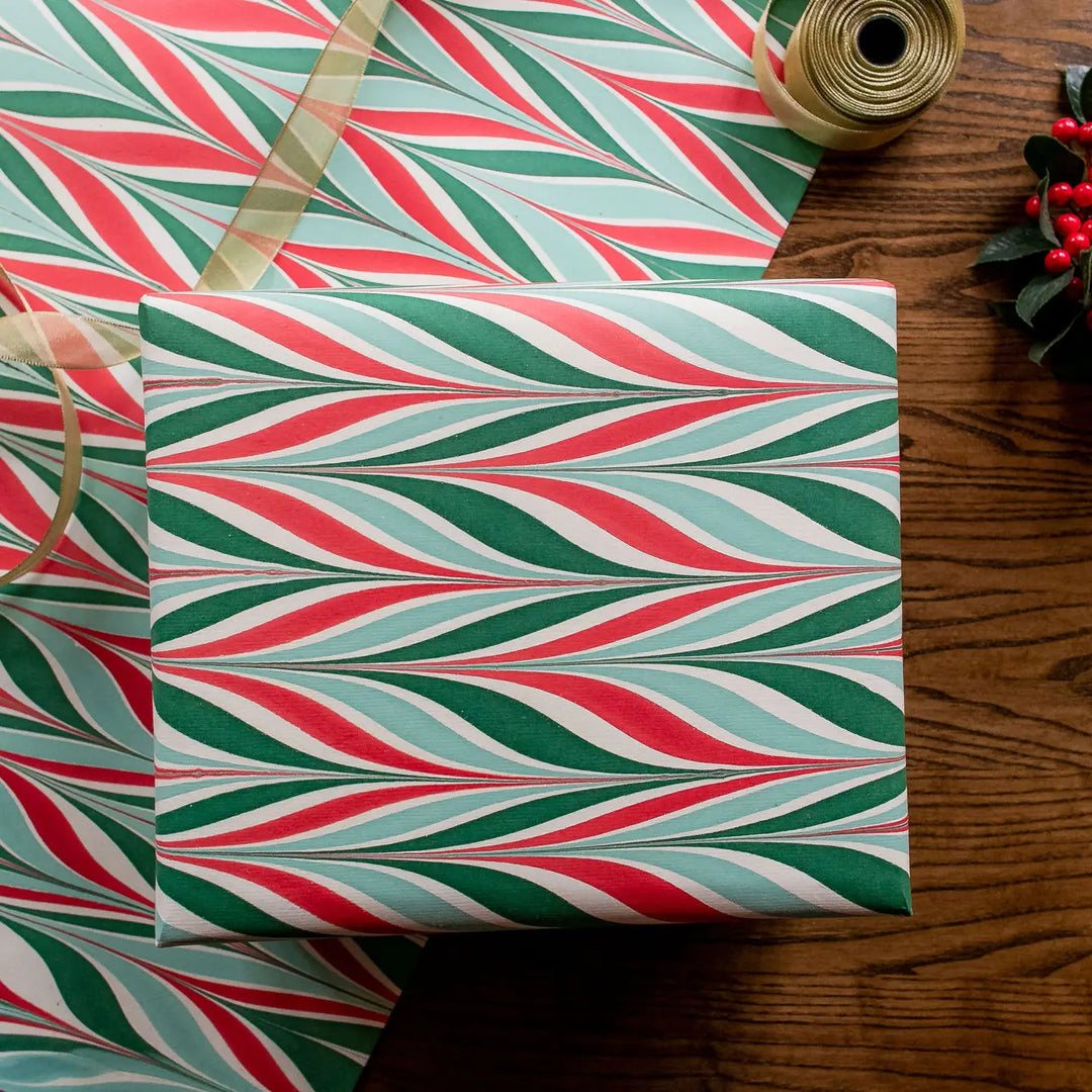 Hand Marbled Gift Wrap Sheets - Candy Stripes Festive Mix (Roll)
