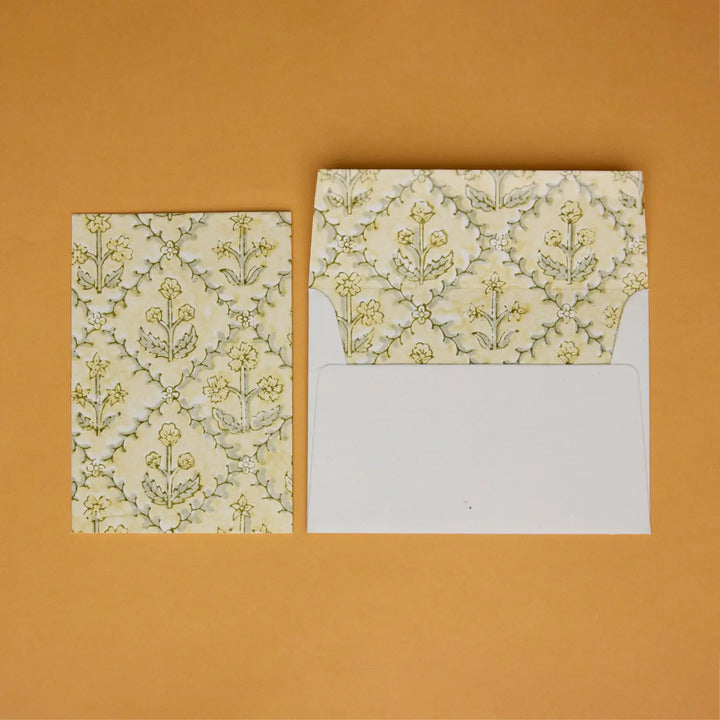 Hand Block Printed Greeting Card - Floral Lattice Buttercream