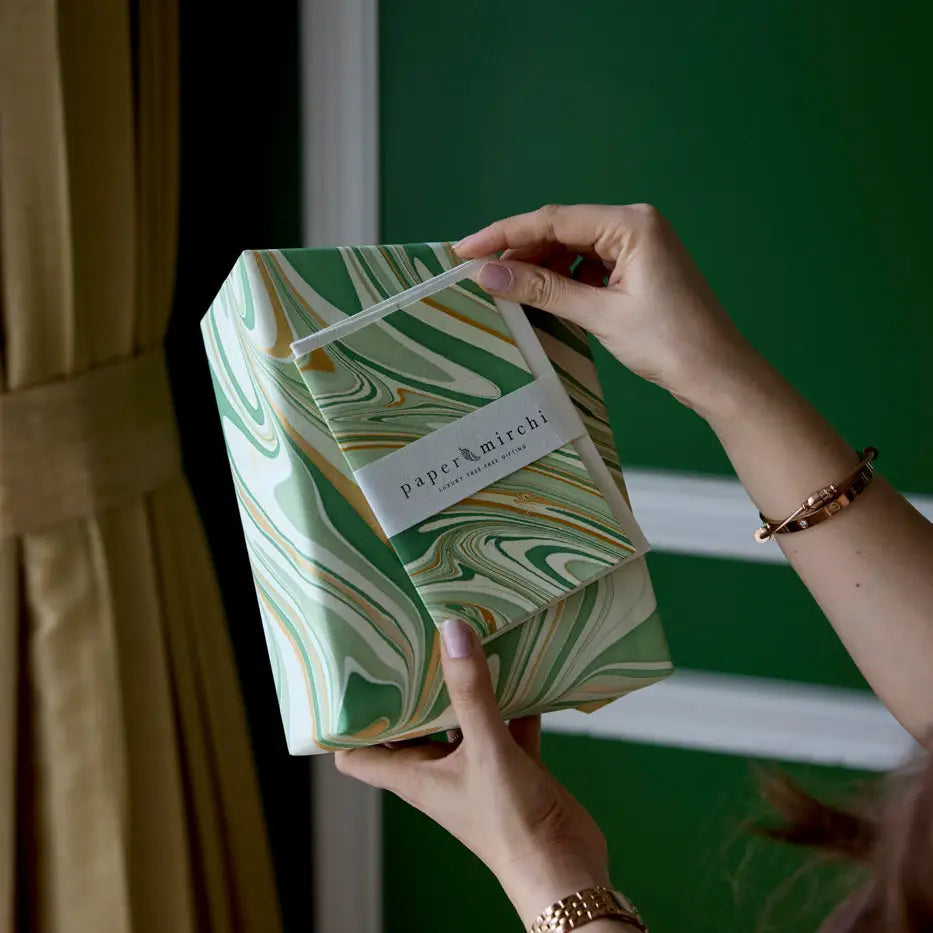 Hand Marbled Gift Wrap Sheets - Fountain Waves Matcha (Roll)
