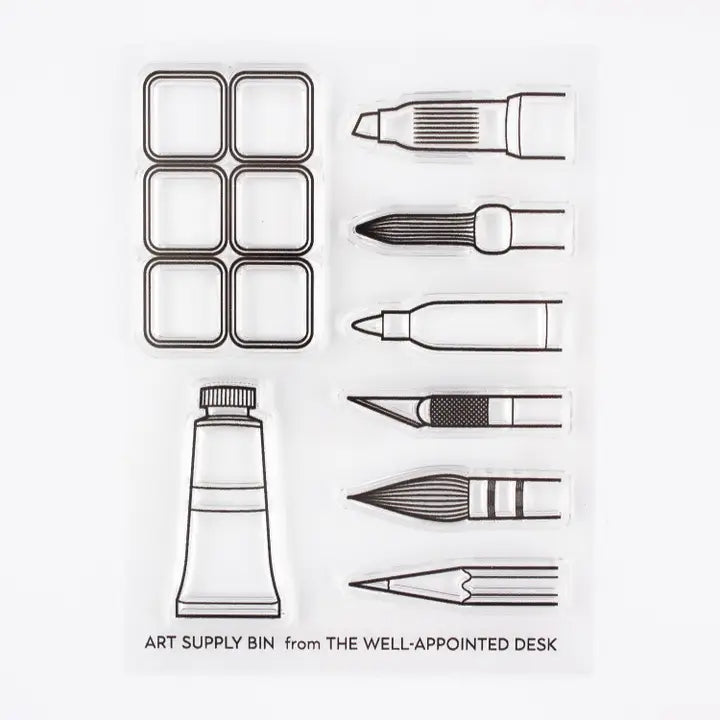 Art Supply Bin - Pens, Brushes, Markers, Paint- 3"x4" Clear Stamp Set (8 Stamp Designs)