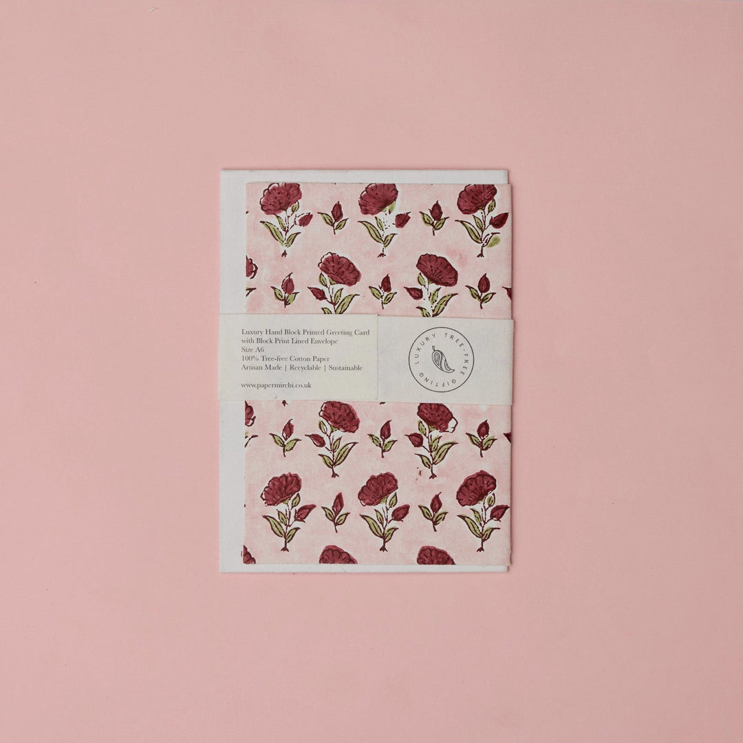 Hand Block Printed Greeting Card - Ditsy Floral Scarlet