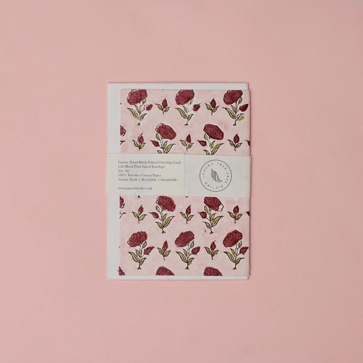 Hand Block Printed Greeting Card - Ditsy Floral Scarlet