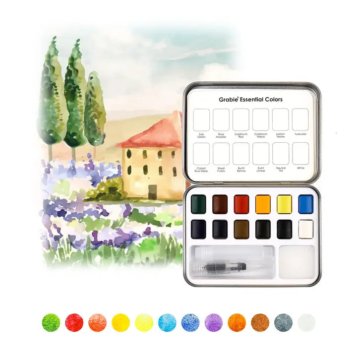 Watercolor Pocket Set of 12 Colors with Brush - Essential Colors