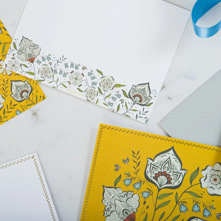 Ochre Yellow Floral Luxury Stationery Set – 8 Flat Notecards