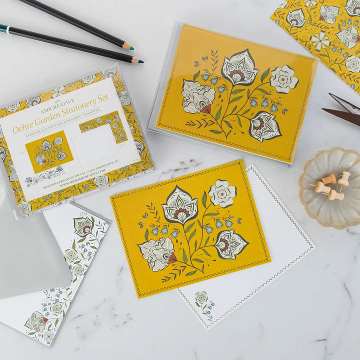 Ochre Yellow Floral Luxury Stationery Set – 8 Flat Notecards