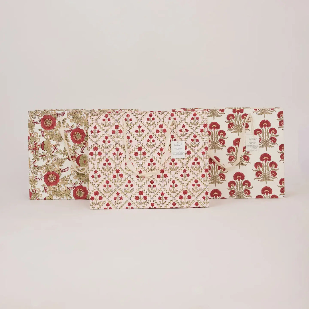 Hand Block Printed Gift Bags - Wild Rose Winter Red