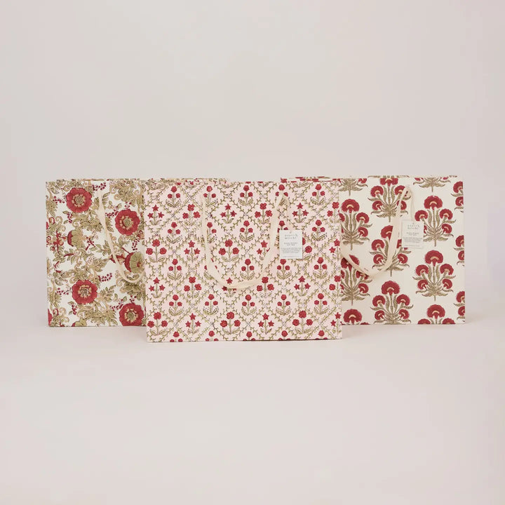 Hand Block Printed Gift Bags - Floral Lattice Winter Red