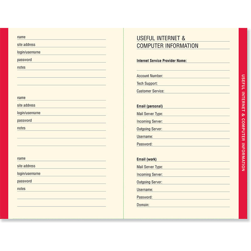 Internet Address & Password Logbook - Red