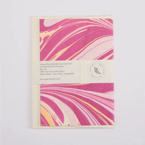 Hand Marbled Greeting Card - Fountain Waves Raspberry Ripple