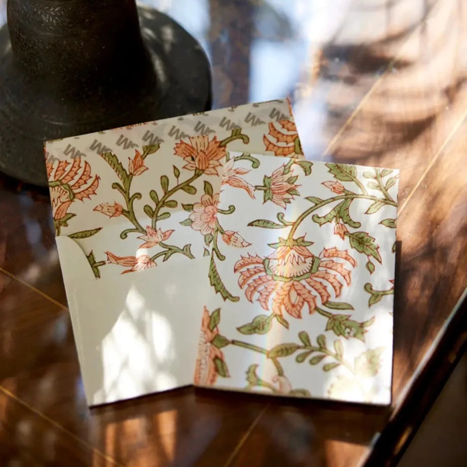 Hand Block Printed Greeting Card - Flora Coral