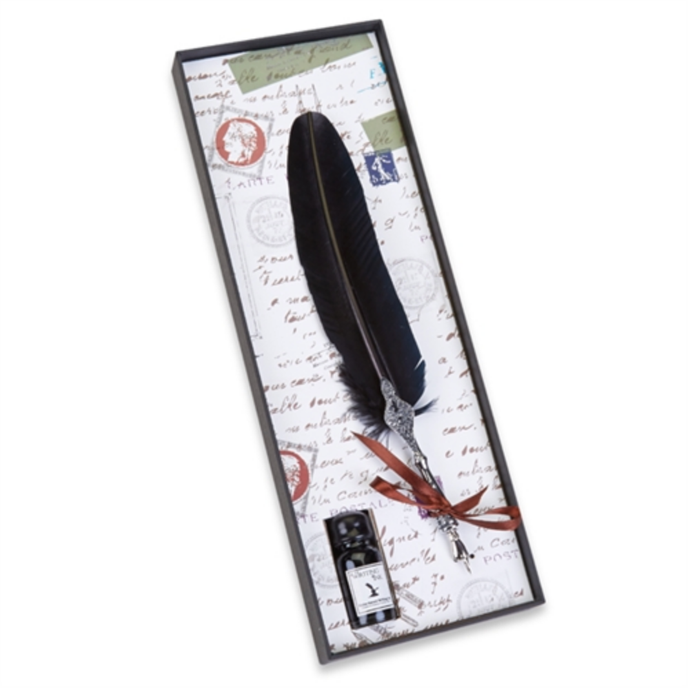 Pewter Feather Quill Nib Pen & Ink Set - Black