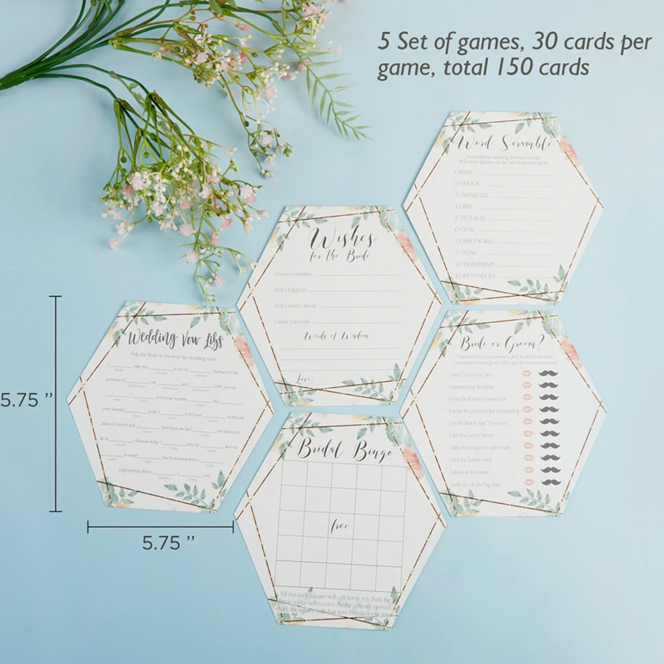 Geometric Floral Bridal Shower Games 5-game Card Set