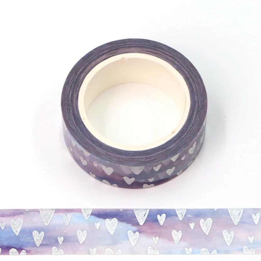 Silver Foil Hearts on Purple Washi
