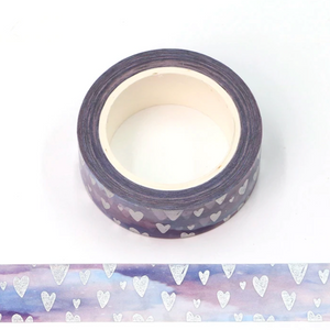 Silver Foil Hearts on Purple Washi