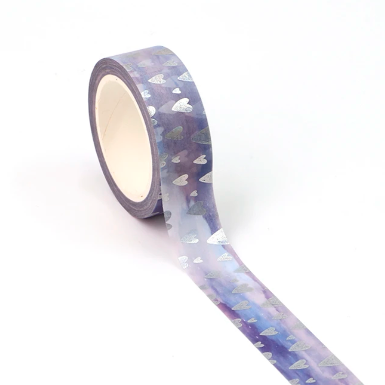 Silver Foil Hearts on Purple Washi
