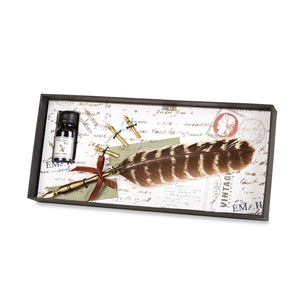 Brass Feather Nib Pen & Ink Set - Natural Brown Stripe