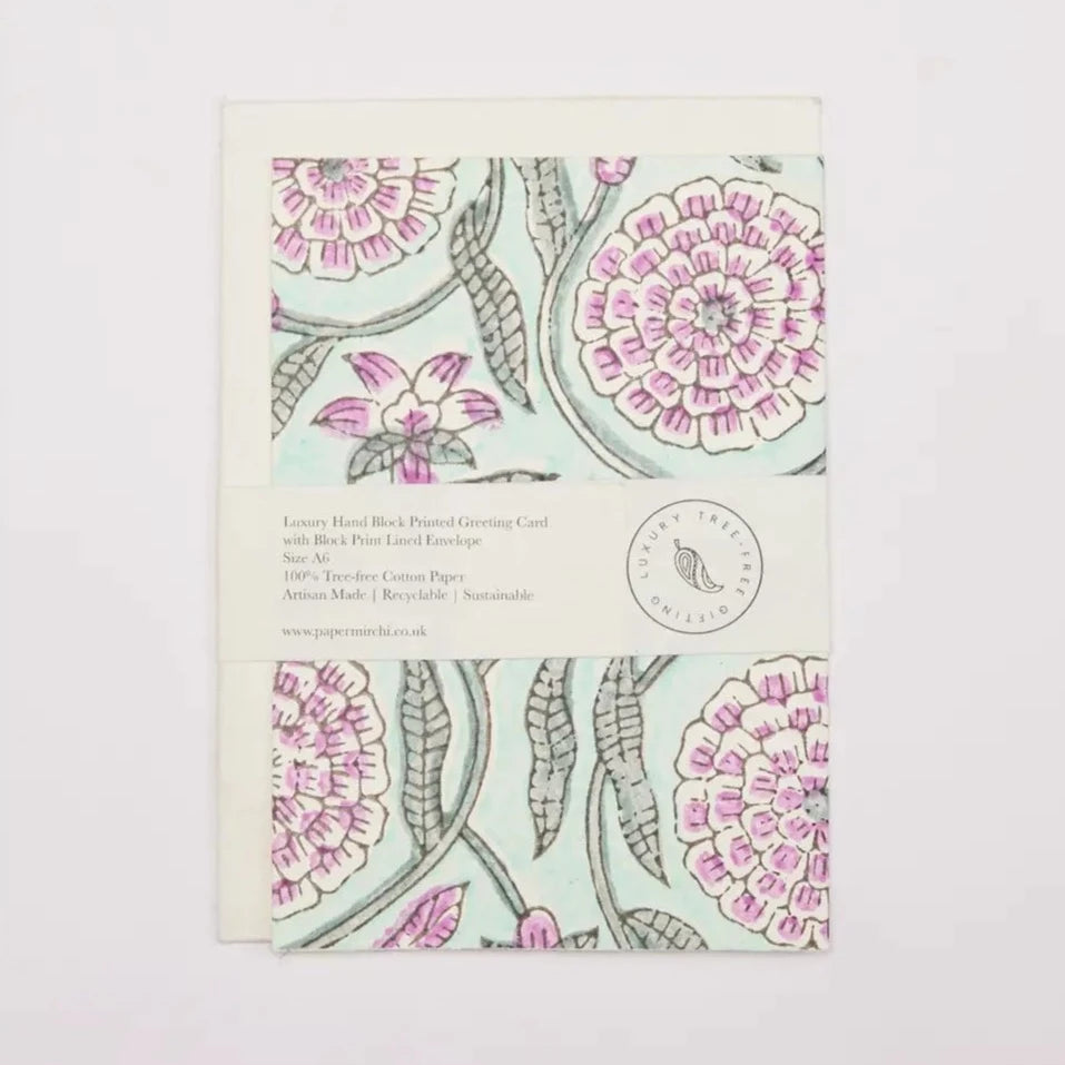 Hand Block Printed Greeting Card - Rajmala Teal